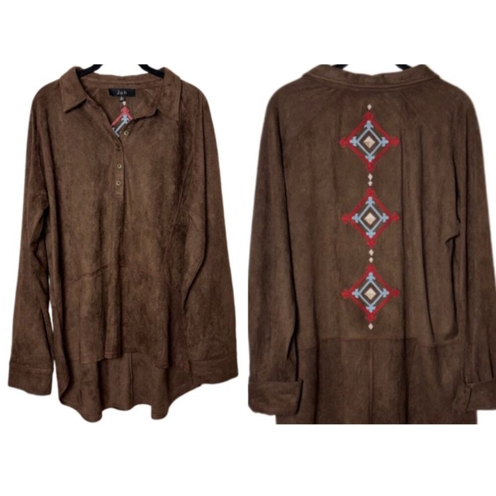 Joh Brown Faux Suede Top Embroidered Southwestern Aztec Tunic Women's XL Boho